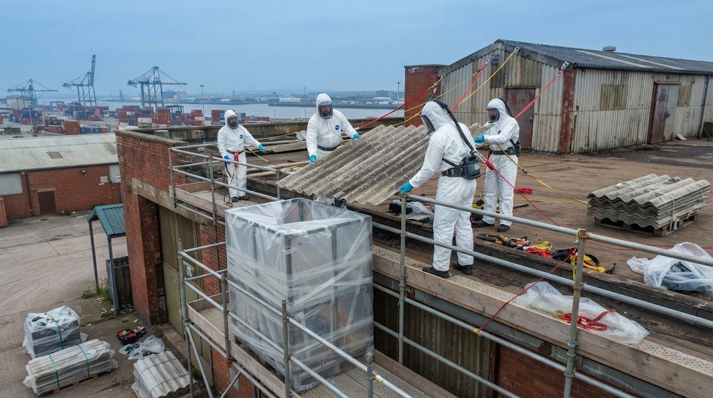 Cement sheet roofs on dockside and industrial buildings are taken off in a planned sequence.